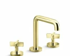 New 🎉 Kallista One™ Two Handle Widespread Bathroom Sink Faucet in Unlacquered Brass 🧨